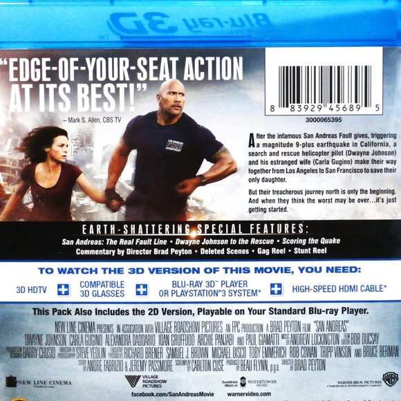 3D SAN ANDREAS (Blu-ray, 2015) 3D Blu-ray + Blu-ray, 2-Disc Set, Dwayne Johnson - Picture 3 of 5